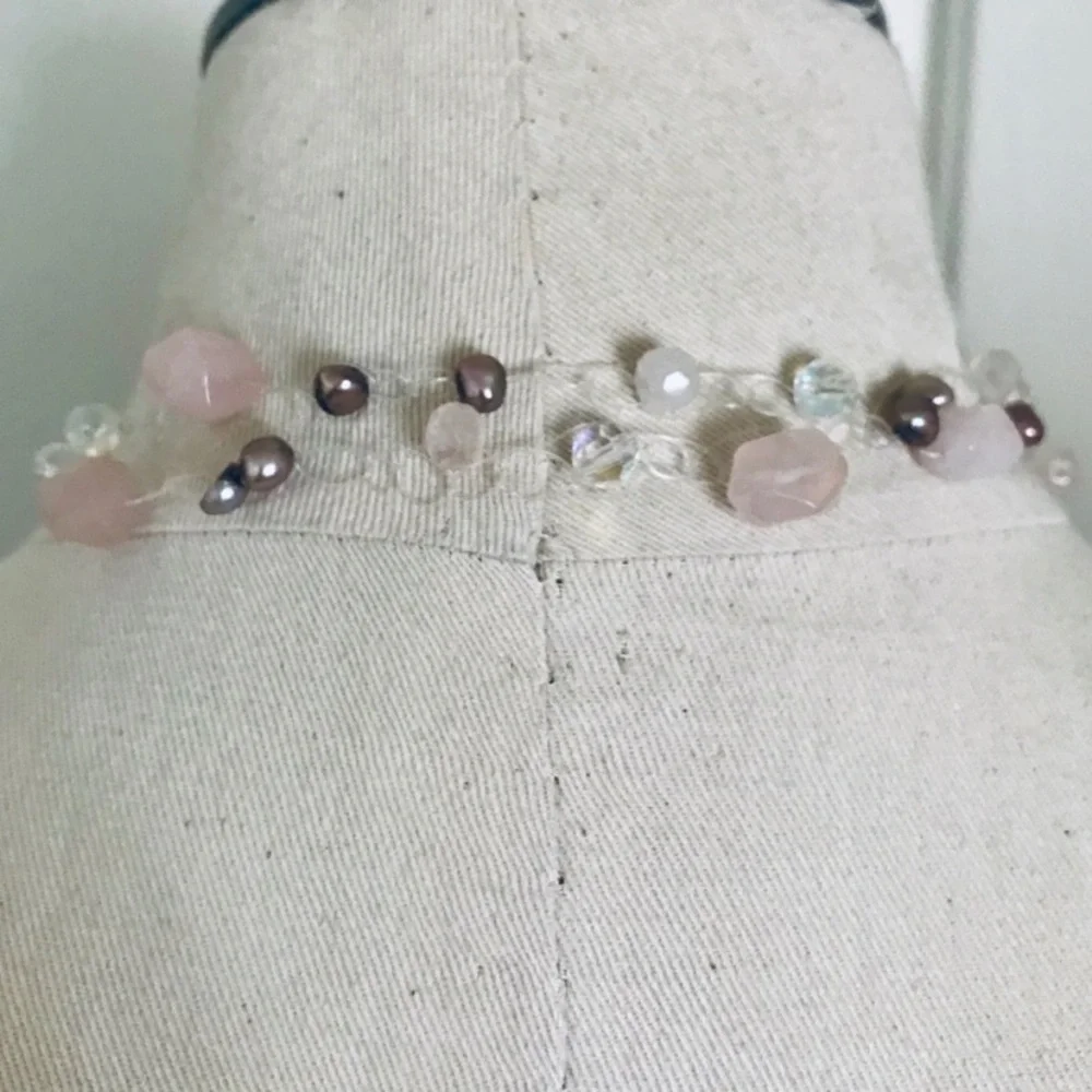 Handmade rose quartz baroque pearls crystal beads statement necklace